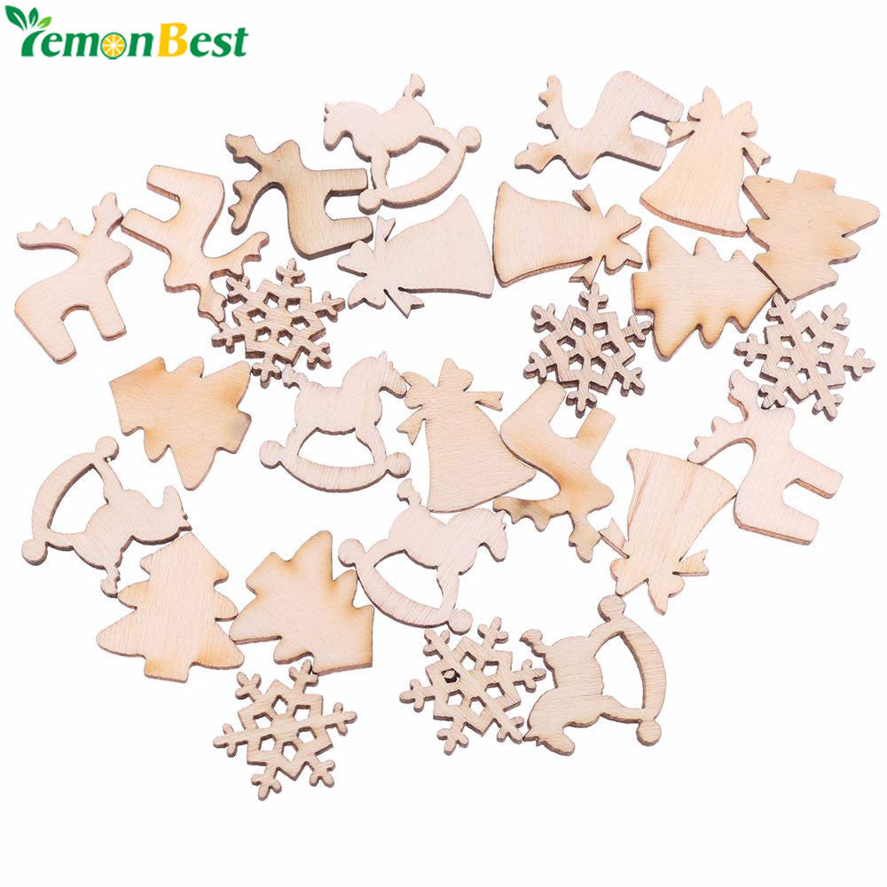 30Pcs 5 Patterns Designs 20mm Natural Wood Christmas Ornaments Reindeer Tree Snow Flakes Rocking Horse Bell for Xmas Decor